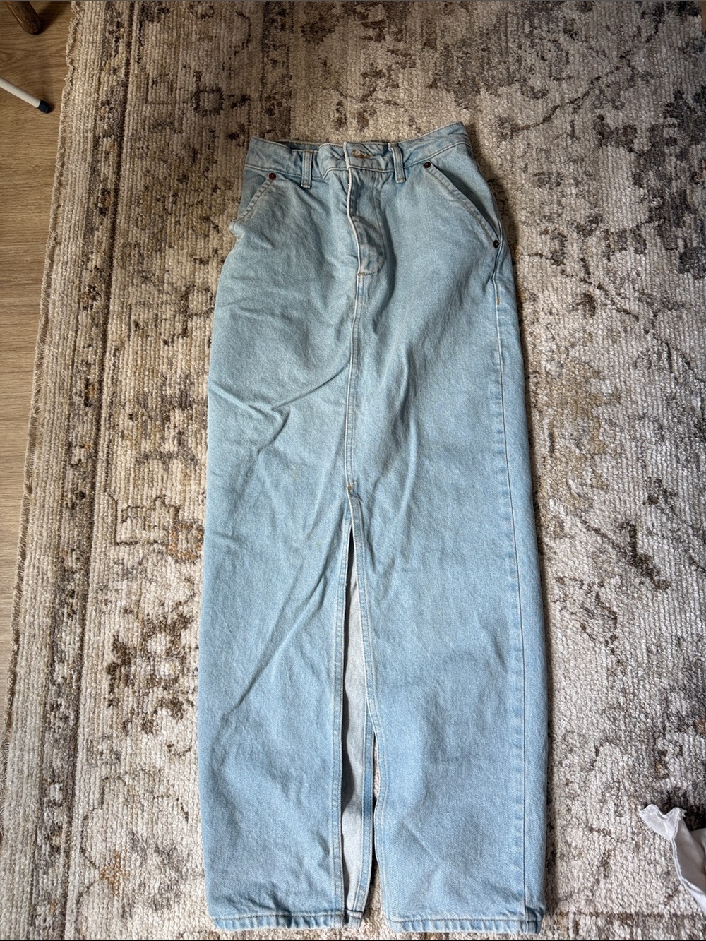 Light Wash Denim Midi Skirt with Front Slit